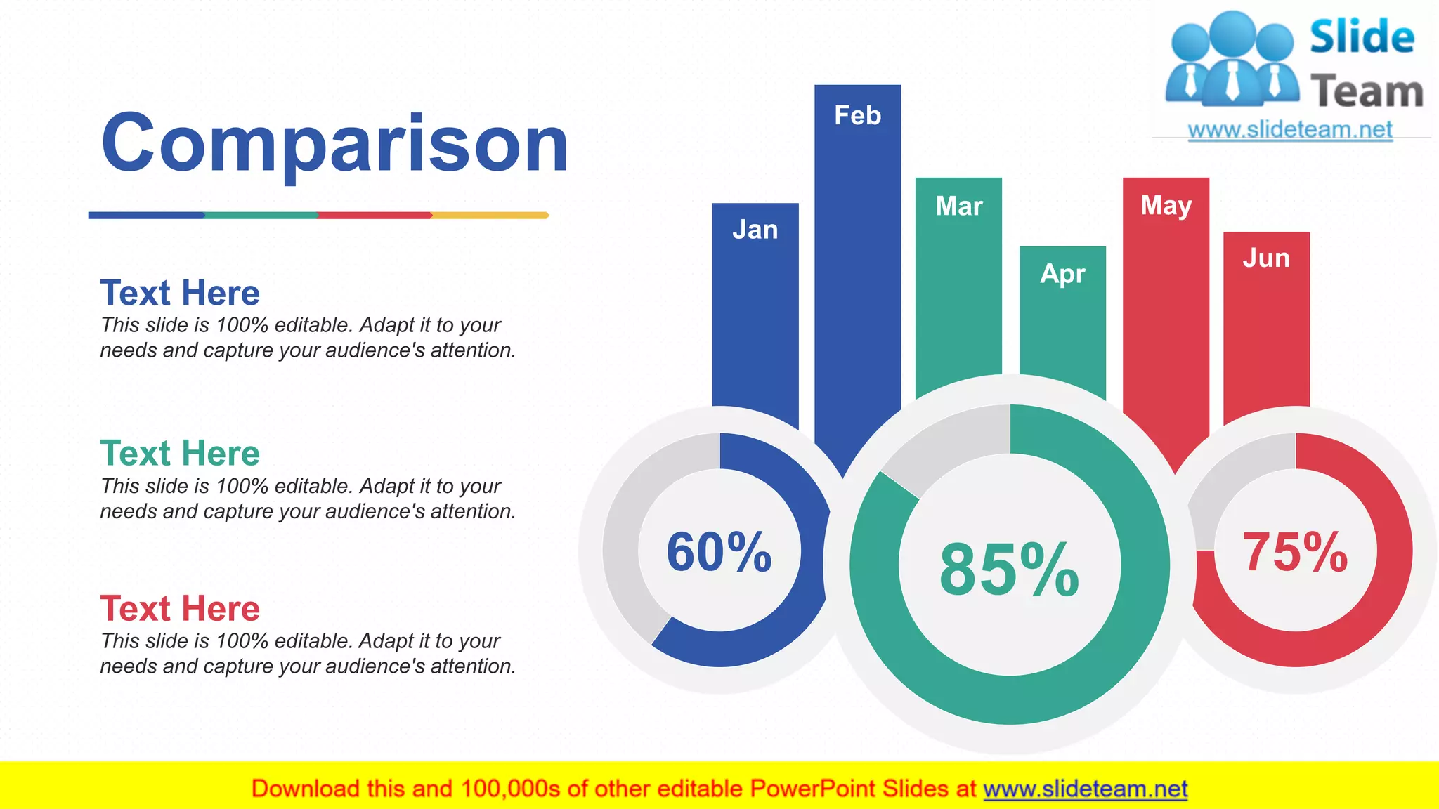12
60% 75%85%
Jan
Feb
Mar
Apr
May
Jun
Comparison
This slide is 100% editable. Adapt it to your needs and capture your audience's attention.
Text Here
This slide is 100% editable. Adapt it to your
needs and capture your audience's attention.
Text Here
This slide is 100% editable. Adapt it to your
needs and capture your audience's attention.
Text Here
This slide is 100% editable. Adapt it to your
needs and capture your audience's attention.
 