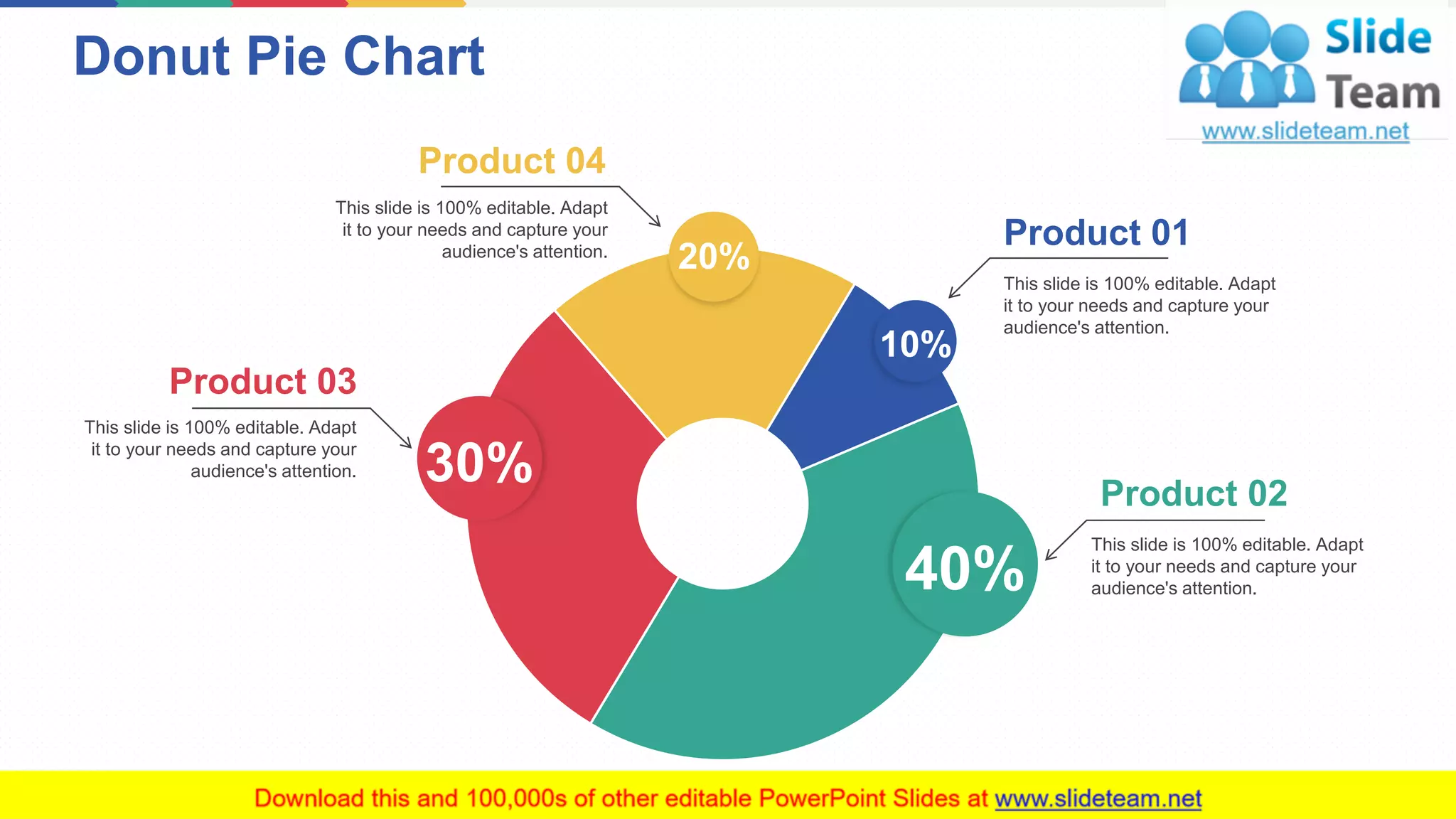 Donut Pie Chart
8
40%
30%
20%
10%
Product 02
This slide is 100% editable. Adapt
it to your needs and capture your
audience's attention.
Product 01
This slide is 100% editable. Adapt
it to your needs and capture your
audience's attention.
Product 04
This slide is 100% editable. Adapt
it to your needs and capture your
audience's attention.
Product 03
This slide is 100% editable. Adapt
it to your needs and capture your
audience's attention.
This graph/chart is linked to excel, and changes automatically based on data. Just left click on it and select “Edit Data”.
 