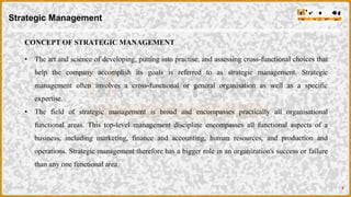 8
CONCEPT OF STRATEGIC MANAGEMENT
Strategic Management
• The art and science of developing, putting into practise, and ass...