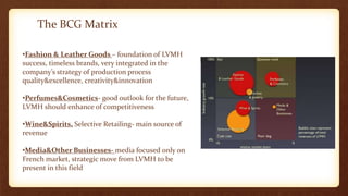 The BCG Matrix
•Fashion & Leather Goods – foundation of LVMH
success, timeless brands, very integrated in the
company’s strategy of production process
quality&excellence, creativity&innovation
•Perfumes&Cosmetics- good outlook for the future,
LVMH should enhance of competitiveness
•Wine&Spirits, Selective Retailing- main source of
revenue
•Media&Other Businesses- media focused only on
French market, strategic move from LVMH to be
present in this field
 