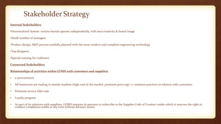 Stakeholder Strategy
Internal Stakeholders
•Decentralized System: various brands operate independently, with own creativity & brand image
•Small number of managers
•Product design, R&D process carefully planned with the most modern and complete engineering technology
•Top designers
•Special training for craftsmen
Connected Stakeholders
Relationships of activities within LVMH with customers and suppliers
• e-procurement
• All businesses are trading in similar markets (high-end of the market, premium price tag) => common practices in relation with customers
• Premium service After sale
• Loyalty program
• As part of its relations with suppliers, LVMH requires its partners to subscribe to the Supplier Code of Conduct under which it reserves the right to
conduct compliance audits at any time without advance notice.
 