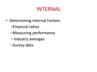 INTERNAL
• Determining Internal Factors:
–Financial ratios
–Measuring performance
– Industry averages
–Survey data
 