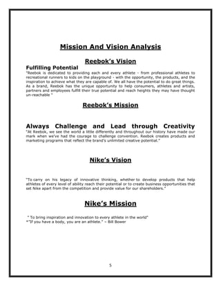 Mission And Vision Analysis

                                 Reebok’s Vision
Fulfilling Potential
"Reebok is dedicated to providing each and every athlete - from professional athletes to
recreational runners to kids on the playground - with the opportunity, the products, and the
inspiration to achieve what they are capable of. We all have the potential to do great things.
As a brand, Reebok has the unique opportunity to help consumers, athletes and artists,
partners and employees fulfill their true potential and reach heights they may have thought
un-reachable "


                                Reebok’s Mission


Always          Challenge             and       Lead        through           Creativity
“At Reebok, we see the world a little differently and throughout our history have made our
mark when we‟ve had the courage to challenge convention. Reebok creates products and
marketing programs that reflect the brand‟s unlimited creative potential.”




                                    Nike’s Vision


“To carry on his legacy of innovative thinking, whether to develop products that help
athletes of every level of ability reach their potential or to create business opportunities that
set Nike apart from the competition and provide value for our shareholders.”



                                 Nike’s Mission
 ” To bring inspiration and innovation to every athlete in the world"
*”If you have a body, you are an athlete.” – Bill Bower




                                               5
 
