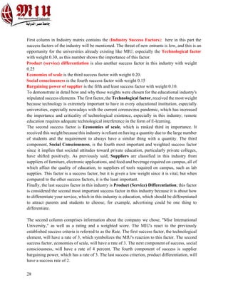 28
First column in Industry matrix contains the (Industry Success Factors): here in this part the
success factors of the industry will be mentioned. The threat of new entrants is low, and this is an
opportunity for the universities already existing like MIU; especially the Technological factor
with weight 0.30, as this number shows the importance of this factor.
Product (service) differentiation is also another success factor in this industry with weight
0.25
Economies of scale is the third success factor with weight 0.20.
Social consciousness is the fourth success factor with weight 0.15
Bargaining power of supplier is the fifth and least success factor with weight 0.10.
To demonstrate in detail how and why those weights were chosen for the educational industry's
stipulated success elements. The first factor, the Technological factor, received the most weight
because technology is extremely important to have in every educational institution, especially
universities, especially nowadays with the current coronavirus pandemic, which has increased
the importance and criticality of technological existence, especially in this industry; remote
education requires adequate technological interference in the form of E-learning.
The second success factor is Economies of scale, which is ranked third in importance. It
received this weight because this industry is reliant on having a quantity due to the large number
of students and the requirement to always have a similar thing with a quantity. The third
component, Social Consciousness, is the fourth most important and weighted success factor
since it implies that societal attitudes toward private education, particularly private colleges,
have shifted positively. As previously said, Suppliers are classified in this industry from
suppliers of furniture, electronic applications, and food and beverage required on campus, all of
which affect the quality of education, to suppliers of tools required on campus, such as lab
supplies. This factor is a success factor, but it is given a low weight since it is vital, but when
compared to the other success factors, it is the least important.
Finally, the last success factor in this industry is Product (Service) Differentiation; this factor
is considered the second most important success factor in this industry because it is about how
to differentiate your service, which in this industry is education, which should be differentiated
to attract parents and students to choose; for example, advertising could be one thing to
differentiate.
The second column comprises information about the company we chose, "Misr International
University," as well as a rating and a weighted score. The MIU's react to the previously
established success criteria is referred to as the Rate. The first success factor, the technological
element, will have a rate of 3, which symbolizes the MIU's reaction to this factor. The second
success factor, economies of scale, will have a rate of 3. The next component of success, social
consciousness, will have a rate of 4 percent. The fourth component of success is supplier
bargaining power, which has a rate of 3. The last success criterion, product differentiation, will
have a success rate of 2.
 