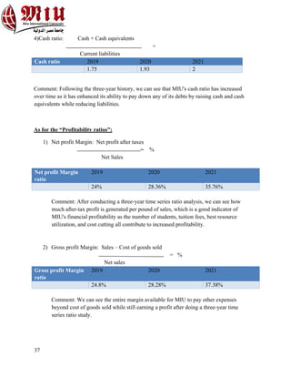 37
4)Cash ratio: Cash + Cash equivalents
=
Current liabilities
Cash ratio 2019 2020 2021
1.75 1.93 2
Comment: Following the three-year history, we can see that MIU's cash ratio has increased
over time as it has enhanced its ability to pay down any of its debts by raising cash and cash
equivalents while reducing liabilities.
As for the “Profitability ratios”:
1) Net profit Margin: Net profit after taxes
= %
Net Sales
Net profit Margin
ratio
2019 2020 2021
24% 28.36% 35.76%
Comment: After conducting a three-year time series ratio analysis, we can see how
much after-tax profit is generated per pound of sales, which is a good indicator of
MIU's financial profitability as the number of students, tuition fees, best resource
utilization, and cost cutting all contribute to increased profitability.
2) Gross profit Margin: Sales – Cost of goods sold
= %
Net sales
Gross profit Margin
ratio
2019 2020 2021
24.8% 28.28% 37.38%
Comment: We can see the entire margin available for MIU to pay other expenses
beyond cost of goods sold while still earning a profit after doing a three-year time
series ratio study.
 