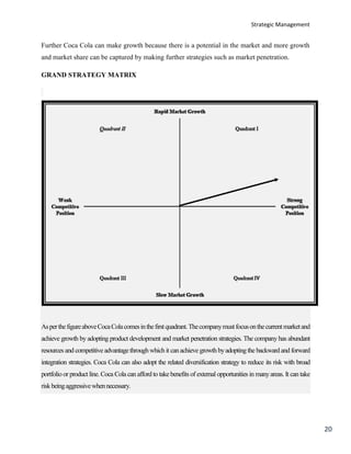 Strategic Management
20
Further Coca Cola can make growth because there is a potential in the market and more growth
and market share can be captured by making further strategies such as market penetration.
GRAND STRATEGY MATRIX
AsperthefigureaboveCocaColacomesinthefirstquadrant.Thecompanymustfocusonthecurrentmarketand
achieve growth by adopting product development and market penetration strategies. The company has abundant
resources and competitive advantagethroughwhichit canachieve growthbyadoptingthe backwardand forward
integration strategies. Coca Cola can also adopt the related diversification strategy to reduce its risk with broad
portfolio or product line. Coca Cola can afford to take benefits of external opportunities in manyareas. It can take
riskbeingaggressivewhennecessary.
Rapid Market Growth
Quadrant II Quadrant I
Strong
Competitive
Position
Slow Market Growth
Weak
Competitive
Position
Quadrant III Quadrant IV
 