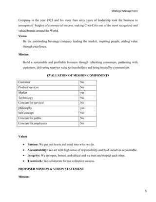 Strategic Management
5
Company in the year 1923 and his more than sixty years of leadership took the business to
unsurpassed heights of commercial success, making Coca-Cola one of the most recognized and
valued brands around the World.
Vision
Be the outstanding beverage company leading the market, inspiring people, adding value
through excellence.
Mission
Build a sustainable and profitable business through refreshing consumers, partnering with
customers, delivering superior value to shareholders and being trusted by communities.
EVALUATION OF MISSION COMPONENTS
Customer No
Product/services No
Market yes
Technology No
Concern for survival No
philosophy yes
Self concept No
Concern for public No
Concern for employees No
Values
 Passion: We put our hearts and mind into what we do.
 Accountability: We act with high sense of responsibility and hold ourselves accountable.
 Integrity: We are open, honest, and ethical and we trust and respect each other.
 Teamwork: We collaborate for our collective success.
PROPOSED MISSION & VISION STATEMENT
Mission:
 