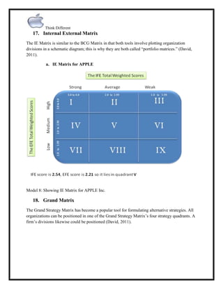 Think Different

17. Internal External Matrix
The IE Matrix is similar to the BCG Matrix in that both tools involve plotting organization
divisions in a schematic diagram; this is why they are both called “portfolio matrices.” (David,
2011).
a. IE Matrix for APPLE

Model 8: Showing IE Matrix for APPLE Inc.

18. Grand Matrix
The Grand Strategy Matrix has become a popular tool for formulating alternative strategies. All
organizations can be positioned in one of the Grand Strategy Matrix‟s four strategy quadrants. A
firm‟s divisions likewise could be positioned (David, 2011).

 