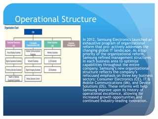Operational Structure 
 In 2012, Samsung Electronics launched an 
exhaustive program of organizational 
reform that pro- actively addresses the 
changing global IT landscape. As a top 
priority of the organizational reform, 
Samsung refined management structures 
in each business area to optimize 
capabilities throughout the entire 
company. Samsung’s new organizational 
structure reflects the company’s 
refocused emphasis on three key business 
sectors: Consumer Electronics (CE), IT & 
Mobile Communications (IM), and Device 
Solutions (DS). These reforms will help 
Samsung improve upon its history of 
operational excellence, allowing for 
increased growth opportunities and 
continued industry-leading innovation. 
 