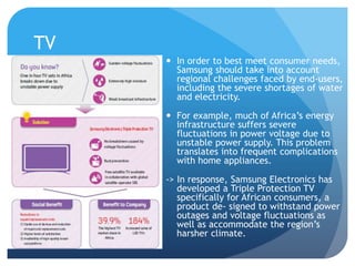 TV 
 In order to best meet consumer needs, 
Samsung should take into account 
regional challenges faced by end-users, 
including the severe shortages of water 
and electricity. 
 For example, much of Africa’s energy 
infrastructure suffers severe 
fluctuations in power voltage due to 
unstable power supply. This problem 
translates into frequent complications 
with home appliances. 
-> In response, Samsung Electronics has 
developed a Triple Protection TV 
specifically for African consumers, a 
product de- signed to withstand power 
outages and voltage fluctuations as 
well as accommodate the region’s 
harsher climate. 
 