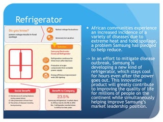 Refrigerator 
 African communities experience 
an increased incidence of a 
variety of diseases due to 
extreme heat and food spoilage, 
a problem Samsung has pledged 
to help reduce. 
-> In an effort to mitigate disease 
outbreak, Samsung is 
developing a new kind of 
refrigerator, which stays cool 
for hours even after the power 
goes out. This innovative 
product will greatly contribute 
to improving the quality of life 
for millions of people on the 
continent while simultaneously 
helping improve Samsung’s 
market leadership position. 
 