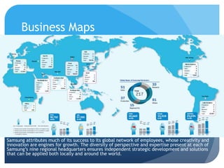 Business Maps 
Samsung attributes much of its success to its global network of employees, whose creativity and 
innovation are engines for growth. The diversity of perspective and expertise present at each of 
Samsung’s nine regional headquarters ensures independent strategic development and solutions 
that can be applied both locally and around the world. 
 