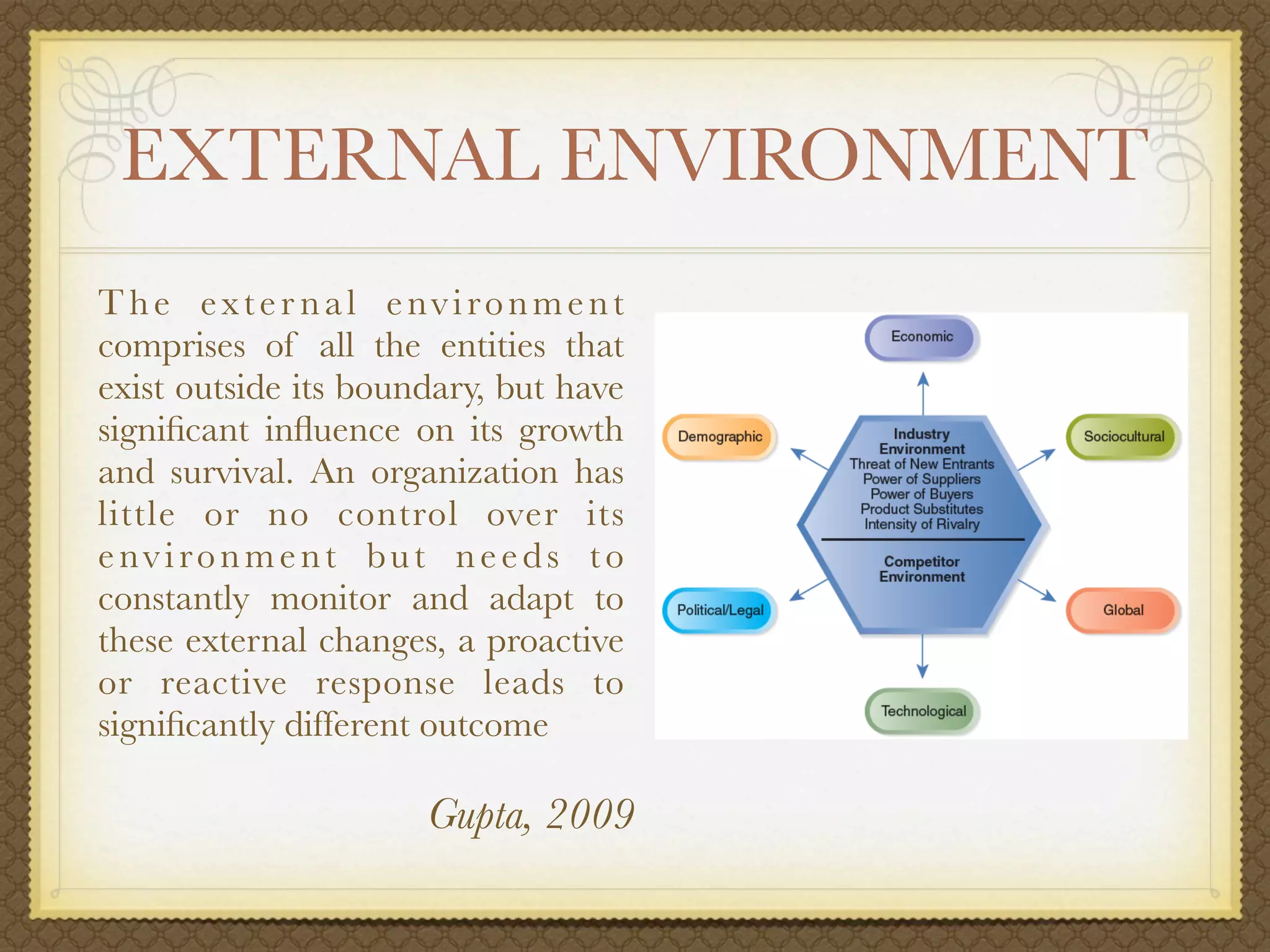 EXTERNAL ENVIRONMENT
T he exter nal environment
comprises of all the entities that
exist outside its boundary, but have
signiﬁcant inﬂuence on its growth
and survival. An organization has
little or no control over its
environment but needs to
constantly monitor and adapt to
these external changes, a proactive
or reactive response leads to
signiﬁcantly different outcome

                      Gupta, 2009
 