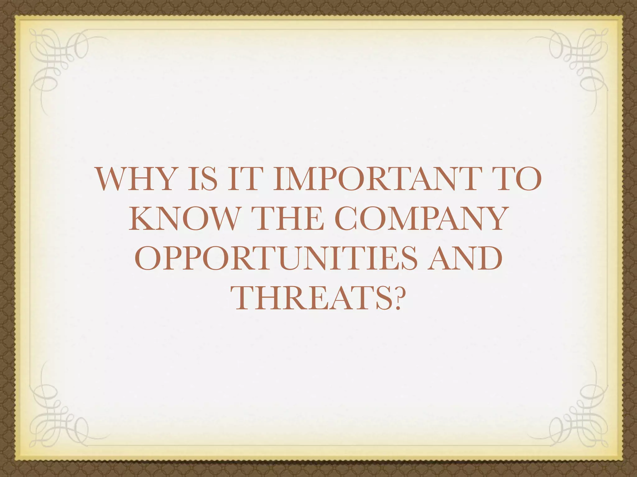 WHY IS IT IMPORTANT TO
 KNOW THE COMPANY
 OPPORTUNITIES AND
       THREATS?
 