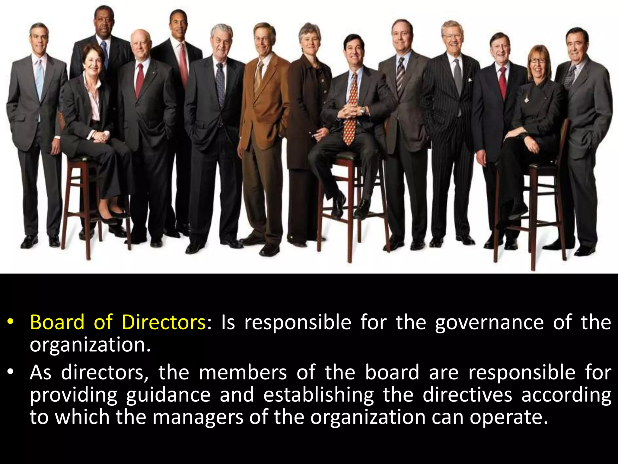 Board of Directors: Is responsible for the governance of the organization.As directors, the members of the board are responsible for providing guidance and establishing the directives according to which the managers of the organization can operate.