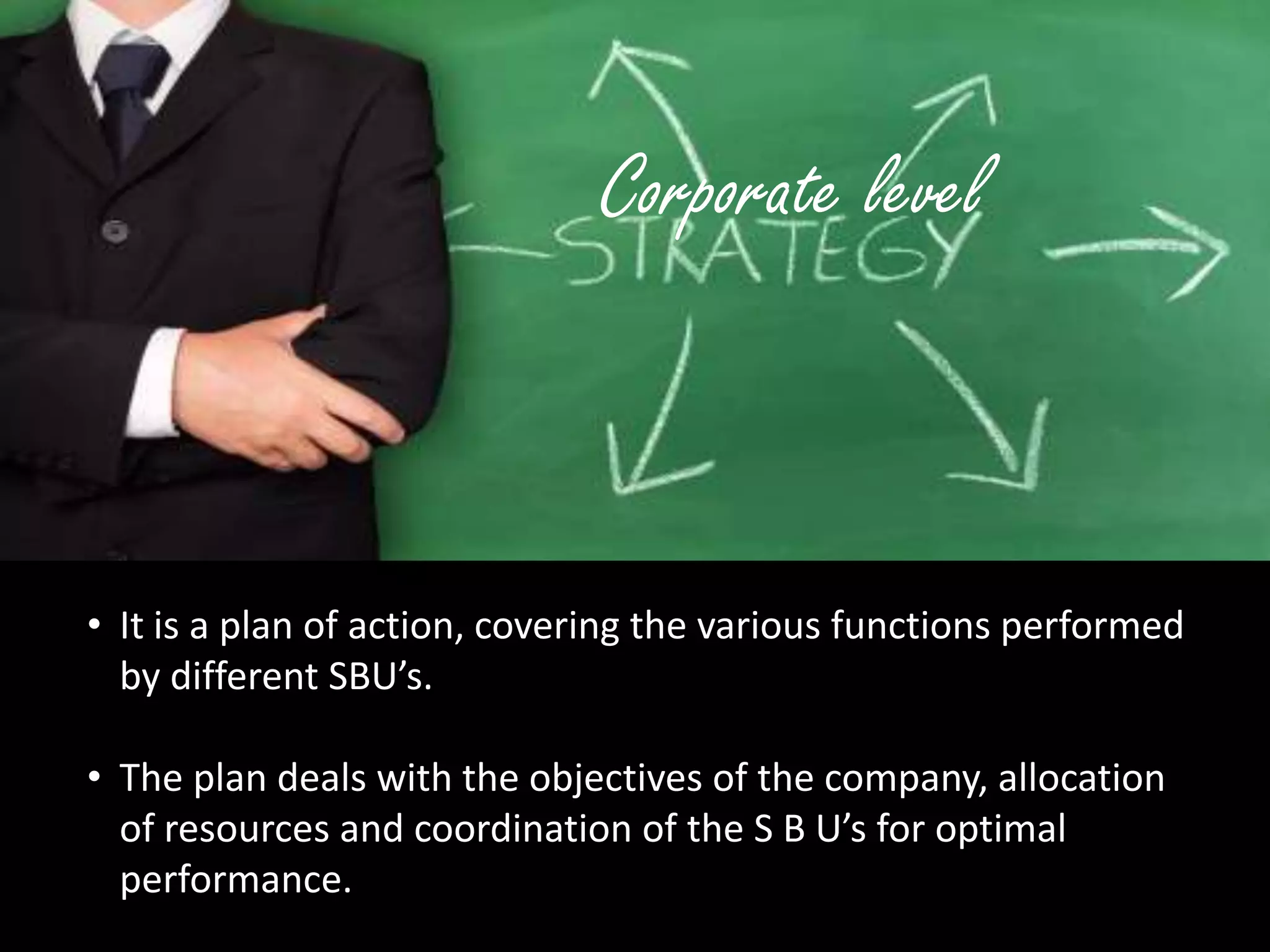 Corporate levelIt is a plan of action, covering the various functions performed by different SBU’s.