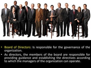 Board of Directors: Is responsible for the governance of the organization.As directors, the members of the board are responsible for providing guidance and establishing the directives according to which the managers of the organization can operate.