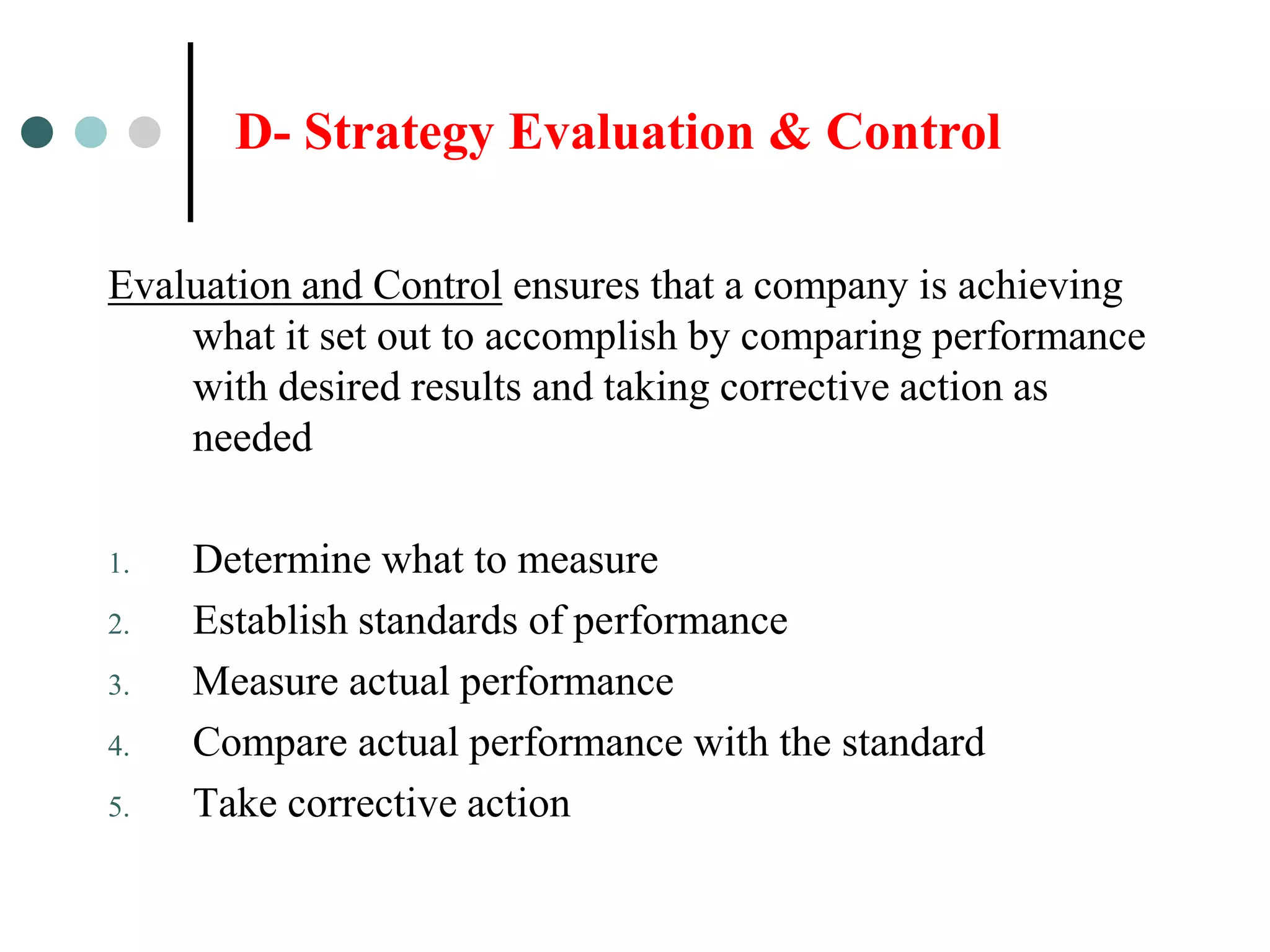 D- Strategy Evaluation & Control

Evaluation and Control ensures that a company is achieving
    what it set out to accomplish by comparing performance
    with desired results and taking corrective action as
    needed

1.   Determine what to measure
2.   Establish standards of performance
3.   Measure actual performance
4.   Compare actual performance with the standard
5.   Take corrective action
 