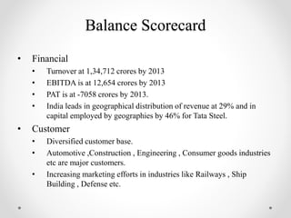 Balance Scorecard
• Financial
• Turnover at 1,34,712 crores by 2013
• EBITDA is at 12,654 crores by 2013
• PAT is at -7058 crores by 2013.
• India leads in geographical distribution of revenue at 29% and in
capital employed by geographies by 46% for Tata Steel.
• Customer
• Diversified customer base.
• Automotive ,Construction , Engineering , Consumer goods industries
etc are major customers.
• Increasing marketing efforts in industries like Railways , Ship
Building , Defense etc.
 