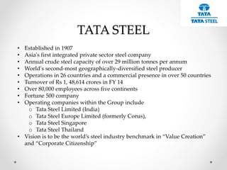 TATA STEEL
• Established in 1907
• Asia's first integrated private sector steel company
• Annual crude steel capacity of over 29 million tonnes per annum
• World's second-most geographically-diversified steel producer
• Operations in 26 countries and a commercial presence in over 50 countries
• Turnover of Rs 1, 48,614 crores in FY 14
• Over 80,000 employees across five continents
• Fortune 500 company
• Operating companies within the Group include
o Tata Steel Limited (India)
o Tata Steel Europe Limited (formerly Corus),
o Tata Steel Singapore
o Tata Steel Thailand
• Vision is to be the world’s steel industry benchmark in “Value Creation”
and “Corporate Citizenship”
 
