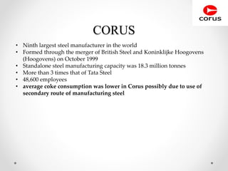 CORUS
• Ninth largest steel manufacturer in the world
• Formed through the merger of British Steel and Koninklijke Hoogovens
(Hoogovens) on October 1999
• Standalone steel manufacturing capacity was 18.3 million tonnes
• More than 3 times that of Tata Steel
• 48,600 employees
• average coke consumption was lower in Corus possibly due to use of
secondary route of manufacturing steel
 