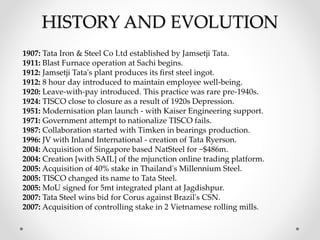 HISTORY AND EVOLUTION
1907: Tata Iron & Steel Co Ltd established by Jamsetji Tata.
1911: Blast Furnace operation at Sachi begins.
1912: Jamsetji Tata's plant produces its first steel ingot.
1912: 8 hour day introduced to maintain employee well-being.
1920: Leave-with-pay introduced. This practice was rare pre-1940s.
1924: TISCO close to closure as a result of 1920s Depression.
1951: Modernisation plan launch - with Kaiser Engineering support.
1971: Government attempt to nationalize TISCO fails.
1987: Collaboration started with Timken in bearings production.
1996: JV with Inland International - creation of Tata Ryerson.
2004: Acquisition of Singapore based NatSteel for ~$486m.
2004: Creation [with SAIL] of the mjunction online trading platform.
2005: Acquisition of 40% stake in Thailand's Millennium Steel.
2005: TISCO changed its name to Tata Steel.
2005: MoU signed for 5mt integrated plant at Jagdishpur.
2007: Tata Steel wins bid for Corus against Brazil's CSN.
2007: Acquisition of controlling stake in 2 Vietnamese rolling mills.
 