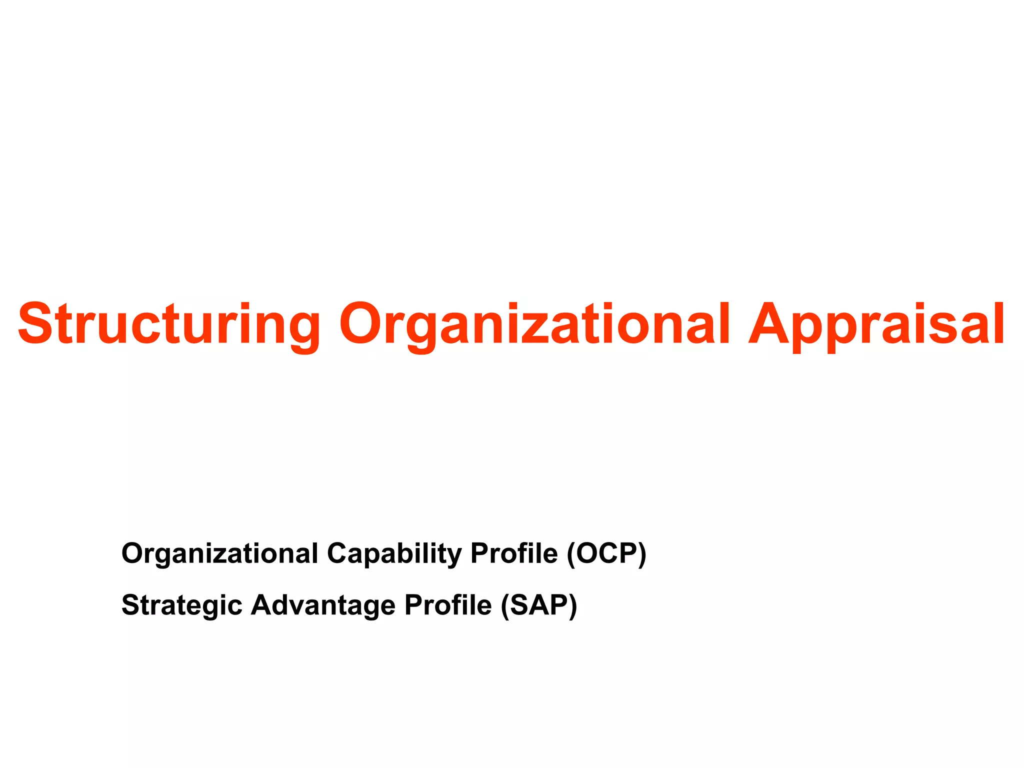 Structuring Organizational Appraisal

Organizational Capability Profile (OCP)
Strategic Advantage Profile (SAP)

 