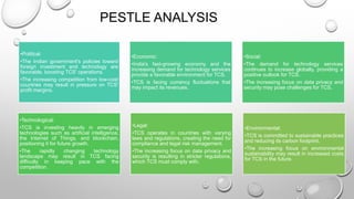 •Political:
•The Indian government's policies toward
foreign investment and technology are
favorable, boosting TCS' operations.
•The increasing competition from low-cost
countries may result in pressure on TCS'
profit margins.
•Economic:
•India's fast-growing economy and the
increasing demand for technology services
provide a favorable environment for TCS.
•TCS is facing currency fluctuations that
may impact its revenues.
•Social:
•The demand for technology services
continues to increase globally, providing a
positive outlook for TCS.
•The increasing focus on data privacy and
security may pose challenges for TCS.
•Technological:
•TCS is investing heavily in emerging
technologies such as artificial intelligence,
the Internet of Things, and blockchain,
positioning it for future growth.
•The rapidly changing technology
landscape may result in TCS facing
difficulty in keeping pace with the
competition.
•Legal:
•TCS operates in countries with varying
laws and regulations, creating the need for
compliance and legal risk management.
•The increasing focus on data privacy and
security is resulting in stricter regulations,
which TCS must comply with.
•Environmental:
•TCS is committed to sustainable practices
and reducing its carbon footprint.
•The increasing focus on environmental
sustainability may result in increased costs
for TCS in the future.
PESTLE ANALYSIS
 