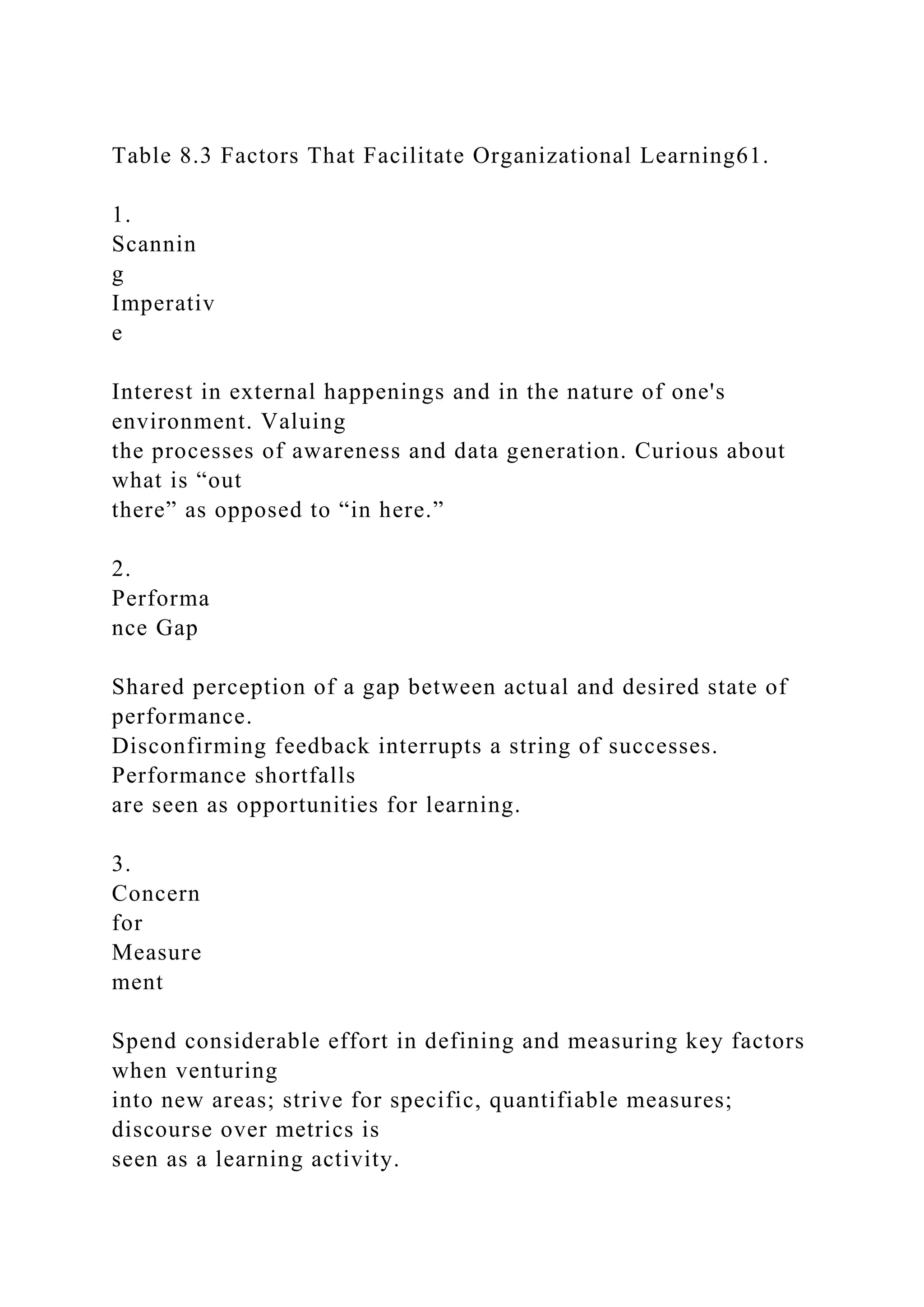 Table 8.3 Factors That Facilitate Organizational Learning61.
1.
Scannin
g
Imperativ
e
Interest in external happenings and in the nature of one's
environment. Valuing
the processes of awareness and data generation. Curious about
what is “out
there” as opposed to “in here.”
2.
Performa
nce Gap
Shared perception of a gap between actual and desired state of
performance.
Disconfirming feedback interrupts a string of successes.
Performance shortfalls
are seen as opportunities for learning.
3.
Concern
for
Measure
ment
Spend considerable effort in defining and measuring key factors
when venturing
into new areas; strive for specific, quantifiable measures;
discourse over metrics is
seen as a learning activity.
 