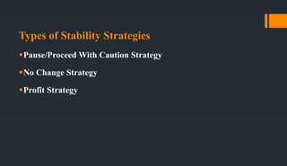 Types of Stability Strategies
Pause/Proceed With Caution Strategy
No Change Strategy
Profit Strategy
 