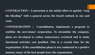 CONTRACTION : Contraction is the initial effort to quickly “stop
the bleeding” with a general across the board cutback in size and
costs.
CONSOLIDATION : Consolidation, implements a program to
stabilize the now-leaner corporation. To streamline the company,
plans are developed to reduce unnecessary overhead and to make
functional activities cost justified. This is a crucial time for the
organization. If the consolidation phase is not conducted in a positive
manner, many of the best people leave the organization.
 