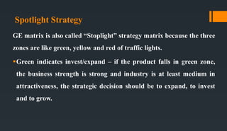 Spotlight Strategy
GE matrix is also called “Stoplight” strategy matrix because the three
zones are like green, yellow and red of traffic lights.
Green indicates invest/expand – if the product falls in green zone,
the business strength is strong and industry is at least medium in
attractiveness, the strategic decision should be to expand, to invest
and to grow.
 