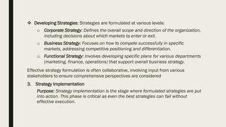 ❖ Developing Strategies: Strategies are formulated at various levels:
o Corporate Strategy: Defines the overall scope and direction of the organization,
including decisions about which markets to enter or exit.
o Business Strategy: Focuses on how to compete successfully in specific
markets, addressing competitive positioning and differentiation.
o Functional Strategy: Involves developing specific plans for various departments
(marketing, finance, operations) that support overall business strategy.
Effective strategy formulation is often collaborative, involving input from various
stakeholders to ensure comprehensive perspectives are considered
3. Strategy Implementation
Purpose: Strategy implementation is the stage where formulated strategies are put
into action. This phase is critical as even the best strategies can fail without
effective execution.
 