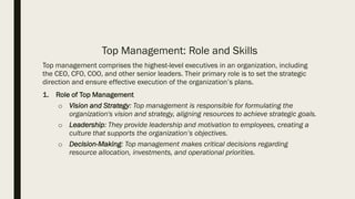 Top Management: Role and Skills
Top management comprises the highest-level executives in an organization, including
the CEO, CFO, COO, and other senior leaders. Their primary role is to set the strategic
direction and ensure effective execution of the organization’s plans.
1. Role of Top Management
o Vision and Strategy: Top management is responsible for formulating the
organization's vision and strategy, aligning resources to achieve strategic goals.
o Leadership: They provide leadership and motivation to employees, creating a
culture that supports the organization’s objectives.
o Decision-Making: Top management makes critical decisions regarding
resource allocation, investments, and operational priorities.
 