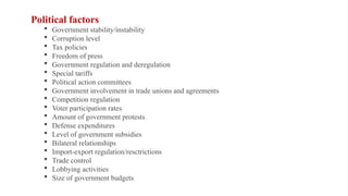 Political factors
 Government stability/instability
 Corruption level
 Tax policies
 Freedom of press
 Government regulation and deregulation
 Special tariffs
 Political action committees
 Government involvement in trade unions and agreements
 Competition regulation
 Voter participation rates
 Amount of government protests
 Defense expenditures
 Level of government subsidies
 Bilateral relationships
 Import-export regulation/resctrictions
 Trade control
 Lobbying activities
 Size of government budgets
 