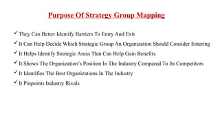 Purpose Of Strategy Group Mapping
They Can Better Identify Barriers To Entry And Exit
It Can Help Decide Which Strategic Group An Organization Should Consider Entering
It Helps Identify Strategic Areas That Can Help Gain Benefits
It Shows The Organization’s Position In The Industry Compared To Its Competitors
It Identifies The Best Organizations In The Industry
It Pinpoints Industry Rivals
 