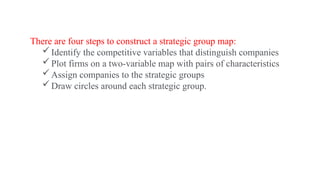 There are four steps to construct a strategic group map:
Identify the competitive variables that distinguish companies
Plot firms on a two-variable map with pairs of characteristics
Assign companies to the strategic groups
Draw circles around each strategic group.
 