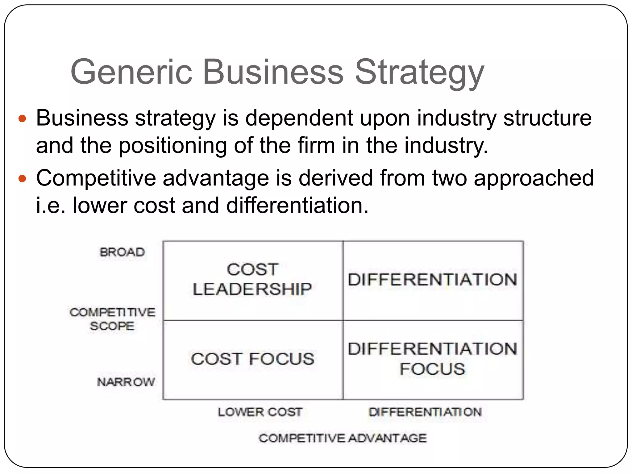Generic Business Strategy
 Business strategy is dependent upon industry structure
and the positioning of the firm in the industry.
 Competitive advantage is derived from two approached
i.e. lower cost and differentiation.
 
