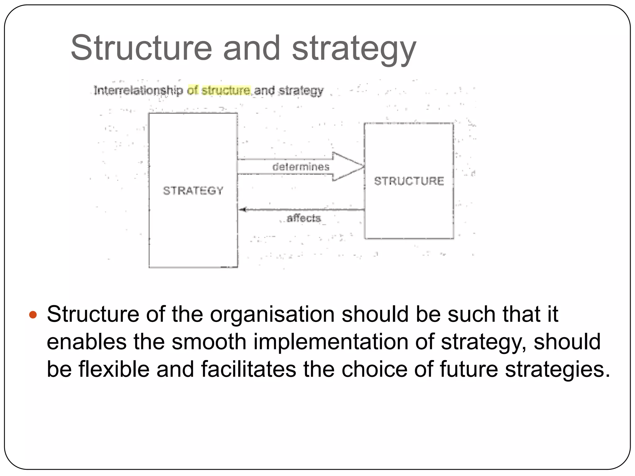 Structure and strategy
 Structure of the organisation should be such that it
enables the smooth implementation of strategy, should
be flexible and facilitates the choice of future strategies.
 
