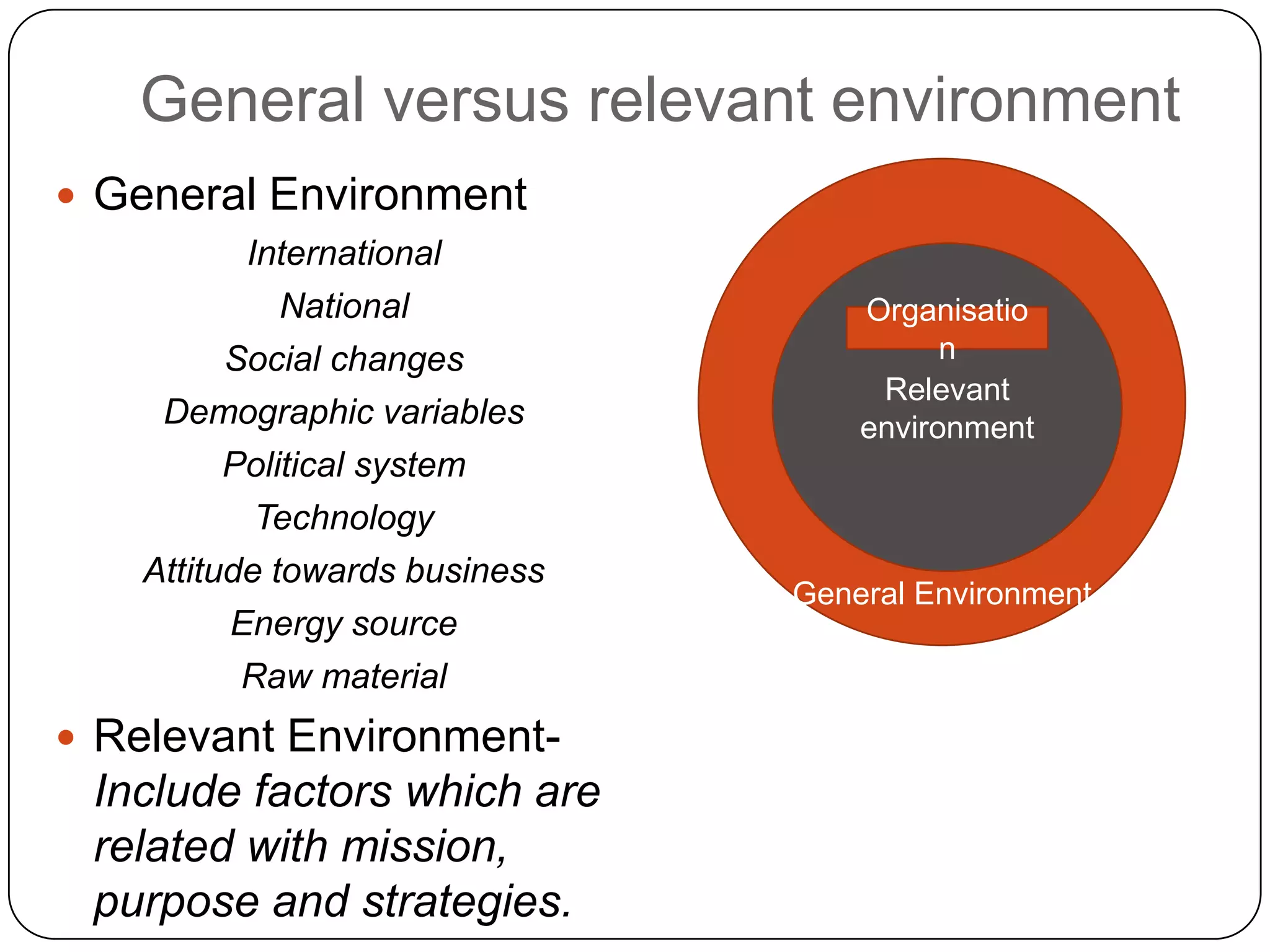 General versus relevant environment
 General Environment
International
National
Social changes
Demographic variables
Political system
Technology
Attitude towards business
Energy source
Raw material
 Relevant Environment-
Include factors which are
related with mission,
purpose and strategies.
General Environment
Relevant
environment
Organisatio
n
 