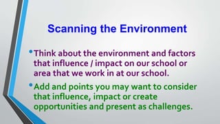 Scanning the Environment
•Think about the environment and factors
that influence / impact on our school or
area that we work in at our school.
•Add and points you may want to consider
that influence, impact or create
opportunities and present as challenges.
 