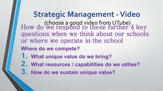 Strategic Management -Video
(choose a good video from UTube)
How do we respond to these further 4 key
questions when we think about our schools
or where we operate in the school
Where do we compete?
1. What unique value do we bring?
2. What resources / capabilities do we utilise?
3. How do we sustain unique value?
 