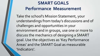 SMART GOALS
Performance Measurement
Take the school’s Mission Statement, your
understandings from today’s discussions and of
challenges and opportunities in your
environment and in groups, use one or more to
discuss the mechanics of designing a SMART
goal. Use the objectives as ‘Key Performance
Areas’ and the SMART Goal as measurable
‘Indicators’.
 