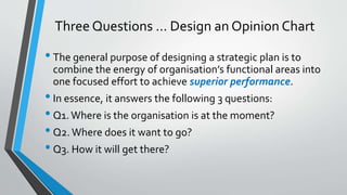 Three Questions … Design an Opinion Chart
• The general purpose of designing a strategic plan is to
combine the energy of organisation’s functional areas into
one focused effort to achieve superior performance.
• In essence, it answers the following 3 questions:
• Q1.Where is the organisation is at the moment?
• Q2. Where does it want to go?
• Q3. How it will get there?
 