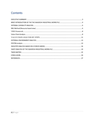 2 | P a g e
Contents
EXECUTIVE SUMMARY ........................................................................................................................3
BRIEF INTRODUCTION OF THE THE SWADESHI INDUSTRIAL WORKS PLC.................................................4
INTERNAL CAPABILITY ANALYSIS..........................................................................................................6
RBV Method(Resource based view) ....................................................................................................6
VRIO framework................................................................................................................................8
Value ChainAnalysis...........................................................................................................................8
VALUE CHAIN ANALYSIS BY STEPS..........................................................................................11
EXTERNAL ENVIRONMENT ANALYSIS .................................................................................................13
PESTDN analysis ...............................................................................................................................13
INDUSTRY ANALYSIS BASED ON 5 FORCES MODEL..............................................................................16
SWOT ANALYSIS OF THE SWADESHI INDUSTRIAL WORKS PLC..............................................................19
TWOS MATRIX..................................................................................................................................22
CONCLUSION....................................................................................................................................24
REFERENCES.....................................................................................................................................27
 