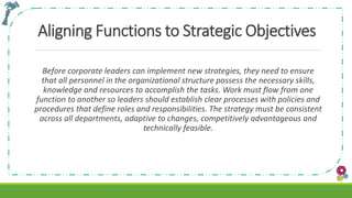 Aligning Functions to Strategic Objectives
Before corporate leaders can implement new strategies, they need to ensure
that all personnel in the organizational structure possess the necessary skills,
knowledge and resources to accomplish the tasks. Work must flow from one
function to another so leaders should establish clear processes with policies and
procedures that define roles and responsibilities. The strategy must be consistent
across all departments, adaptive to changes, competitively advantageous and
technically feasible.
 
