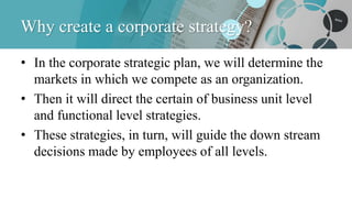 Why create a corporate strategy?
• In the corporate strategic plan, we will determine the
markets in which we compete as a...