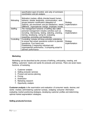 7 | P a g e
specification span of control, and unity of command,
coordination and job analysis.
Motivating
Motivation involves efforts directed toward human
behavior. Include leadership, communication, work
groups behavior modification delegation of
authority, job enrichment and job satisfaction, needs
fulfillment, organizational change, employee morale.
Strategy
implementation
Staffing The management functions of staffing also called
personal management includes activities such as
recruiting, interviewing, testing, selecting, orienting,
training, developing, caring for, evaluating,
rewarding, promoting and transferring
Strategy
implementation
Controlling Controlling includes all those activities undertaking
to ensure that actual operations conform to planned
operations. Four basics are:
Establishing 2 measuring individual and
organizational performance, 3 comparing actual to
planned performance
Strategy
implementation
Marketing
Marketing can be described as the process of defining, anticipating, creating, and
fulfilling customers’ needs and wants for products and services. There are seven basic
functions of marketing.
1. Customer analysis
2. Selling products/ services
3. Product and service planning
4. Pricing
5. Distribution
6. Marketing research
7. Opportunity analysis
Customer analysis is the examination and evaluation of consumer needs, desires, and
wants- involves administering customer surveys, analyzing consumer information
evaluating market positioning strategies, developing customer profiles and determining
optimal market segmentation strategies.
Selling products/Services
 
