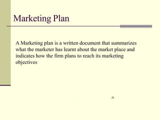 Marketing Plan
25
PROF. DEEPA ROHIT, LLIM
A Marketing plan is a written document that summarizes
what the marketer has learnt about the market place and
indicates how the firm plans to reach its marketing
objectives
 
