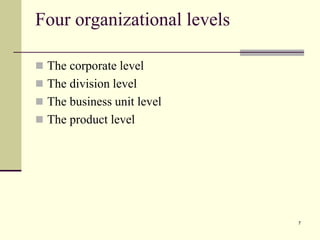 Four organizational levels
 The corporate level
 The division level
 The business unit level
 The product level
7
 